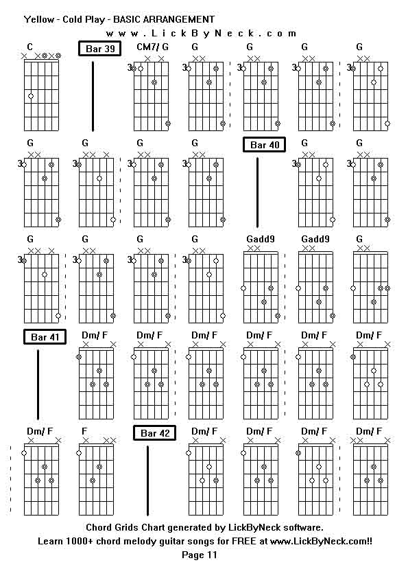 Chord Grids Chart of chord melody fingerstyle guitar song-Yellow - Cold Play - BASIC ARRANGEMENT,generated by LickByNeck software.